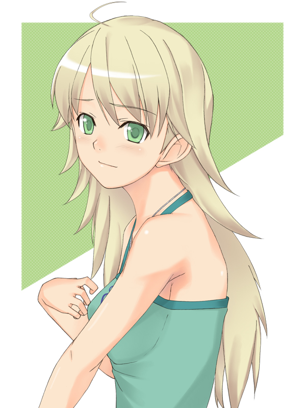 00s, 1girl, ahoge, blonde_hair, female_focus, green_eyes, green_shirt, hoshii_miki