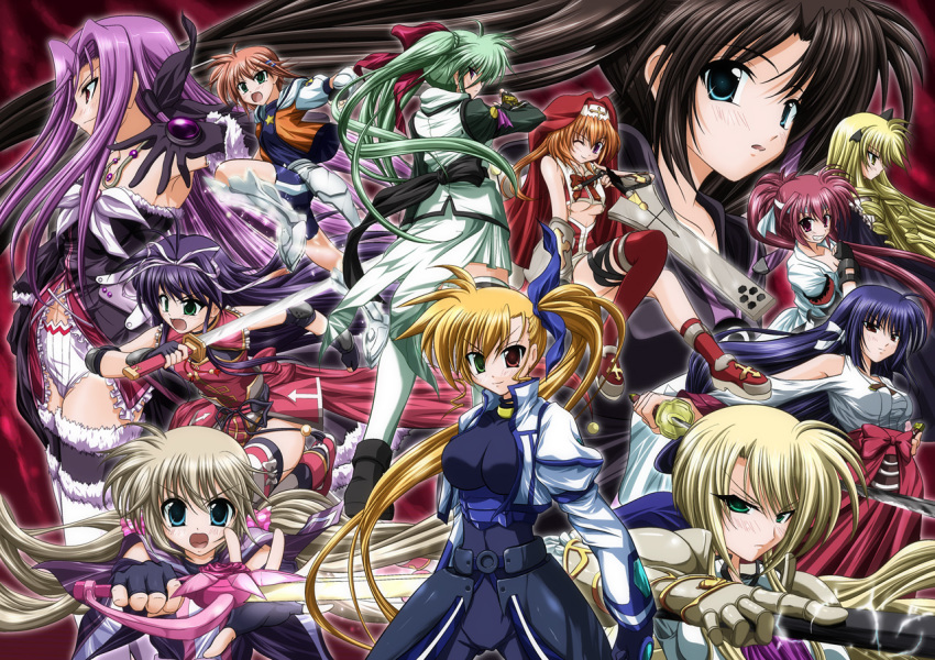 10s, 6+girls, aged_up, annotated, armor, armpits, asclepius_(nanoha), bare_shoulders