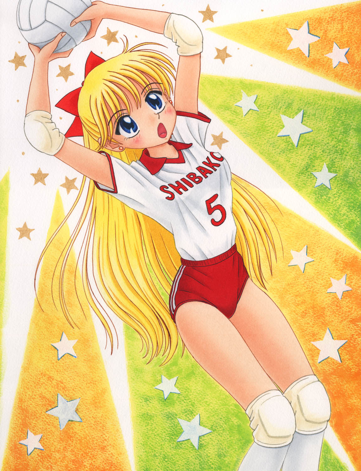 1990s_(style), 1girl, aino_minako, arms_up, ball, bishoujo_senshi_sailor_moon, blonde_hair, blue_eyes, buruma, clothes_writing, earrings, elbow_pads, feet_out_of_frame, female_focus, gym_shirt, gym_uniform, highres, holding, holding_ball, jewelry, knee_pads, long_hair, madoka_akira, open_mouth, playing_sports, red_buruma, retro_artstyle, ribbon, shirt, shirt_tucked_in, shirt_writing, short_sleeves, socks, solo, star_(symbol), thighs, volleyball, volleyball_(object), white_shirt, white_socks