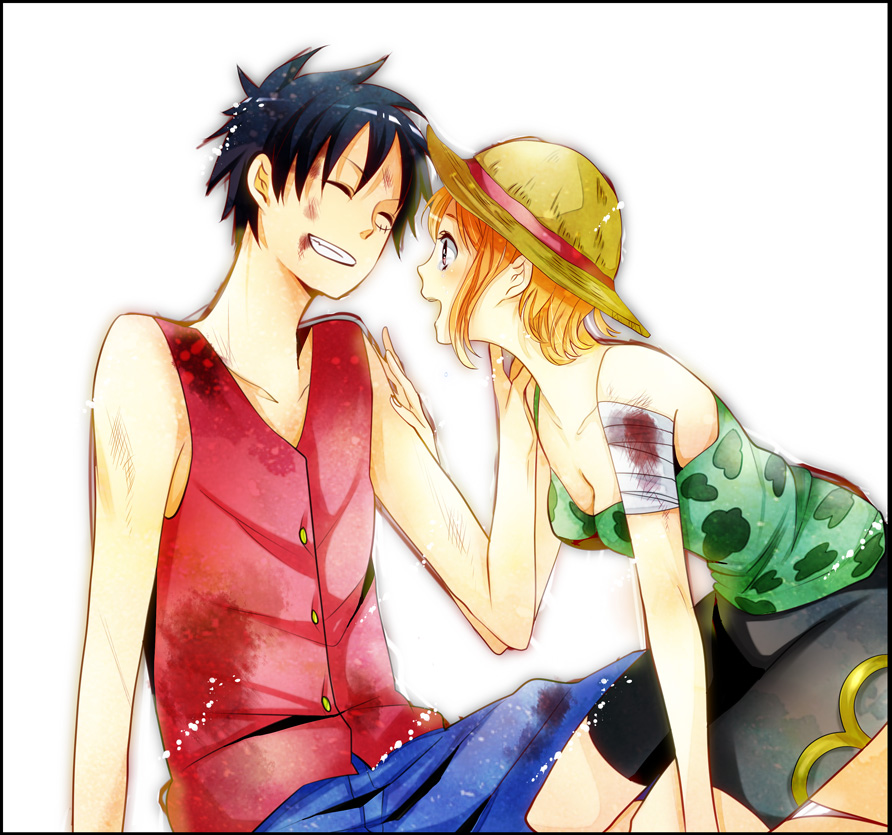 1boy, 1girl, bandages, bare_shoulders, black_hair, blood, camisole, east_blue, hat, injury, kanasuke, monkey_d._luffy, nami_(one_piece), nami_(one_piece)_(arlong_park), one_piece, orange_hair, red_vest, scar, shorts, smile, straw_hat, tears, vest