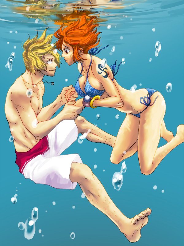 1boy, 1girl, bad_id, bad_pixiv_id, bangle, barefoot, bikini, blonde_hair, blue_bikini, bracelet, breasts, bubble, eyebrows, facial_hair, feet, freediving, goatee, hairy_legs, hetero, holding_breath, holding_hands, jewelry, kuri_(pienu), large_breasts, log_pose, long_hair, male_swimwear, md5_mismatch, nami_(one_piece), necklace, one_piece, print_bikini, print_swimsuit, puffy_cheeks, red_hair, reflection, sanji_(one_piece), short_hair, side-tie_bikini_bottom, sideboob, strap_gap, swim_trunks, swimming, swimsuit, tattoo, underwater, water, white_male_swimwear, white_swim_trunks