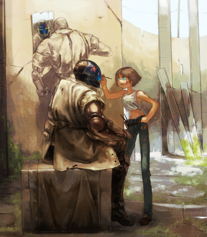 1girl, 2boys, android, blue_eyes, bodypaint, brown_hair, coat, cosplay, crop_top, dr._erich_nazou, dr._erich_nazou_(cosplay), flower, long_legs, midriff, mirror, multiple_boys, open_mouth, original, ougon_bat, painting_(action), robot, sage_(mami1210), shirt, short_hair, sitting, size_difference, tied_shirt, trench_coat