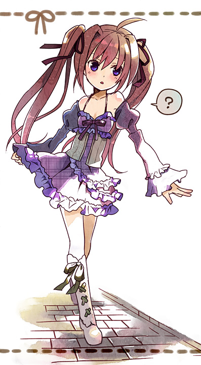 1girl, ?, ahoge, bad_id, bad_pixiv_id, boots, brown_hair, dress