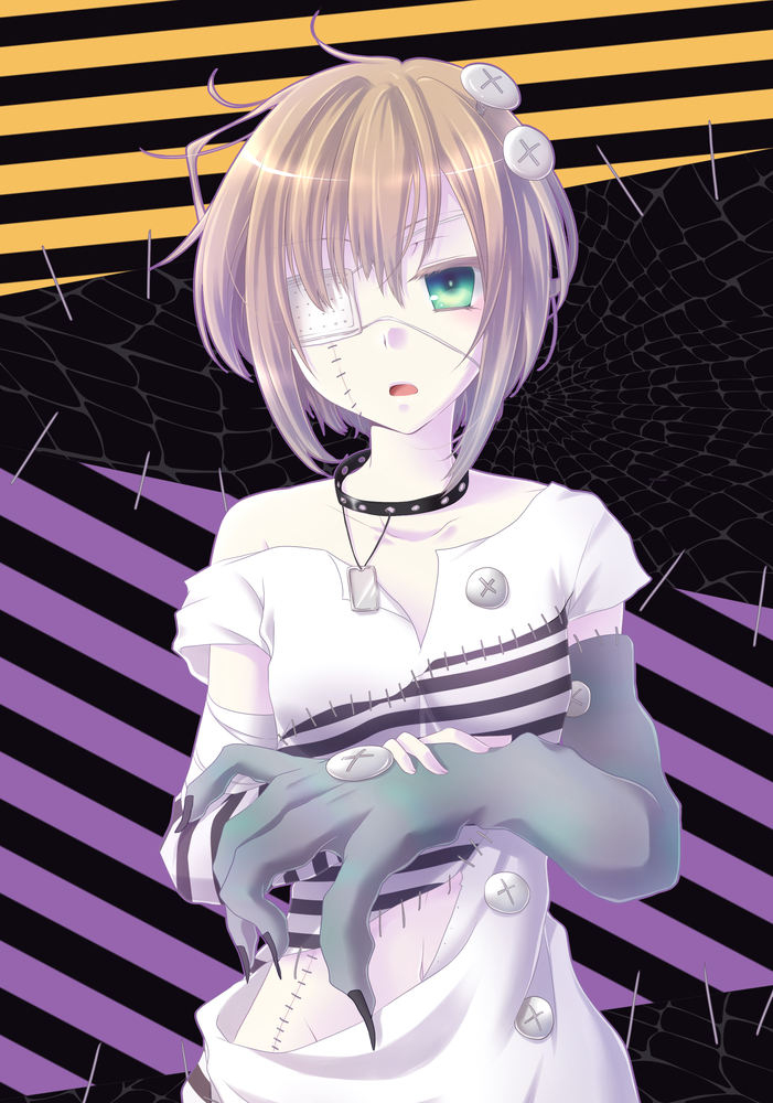 1girl, bad_id, bad_pixiv_id, bandages, blonde_hair, collar, female_focus, franken