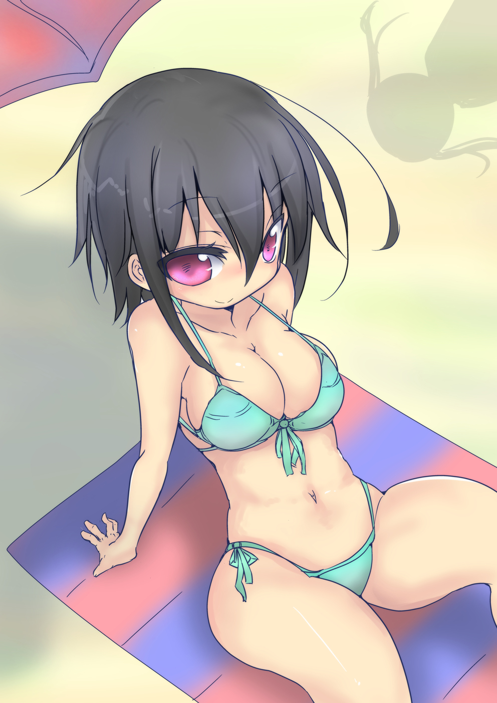 10s, 1girl, aqua_bikini, beach_umbrella, bikini, black_hair, breasts, cleavage