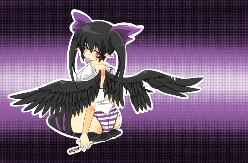 1girl, bad_id, bad_pixiv_id, bird_wings, black_hair, black_thighhighs, black_wings, blood