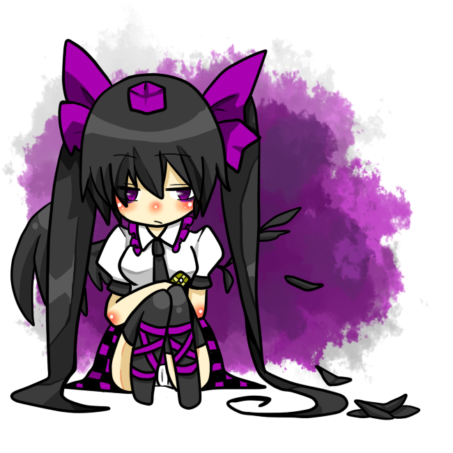 1girl, bad_id, bad_pixiv_id, black_hair, black_thighhighs, blush, cellphone, feathers