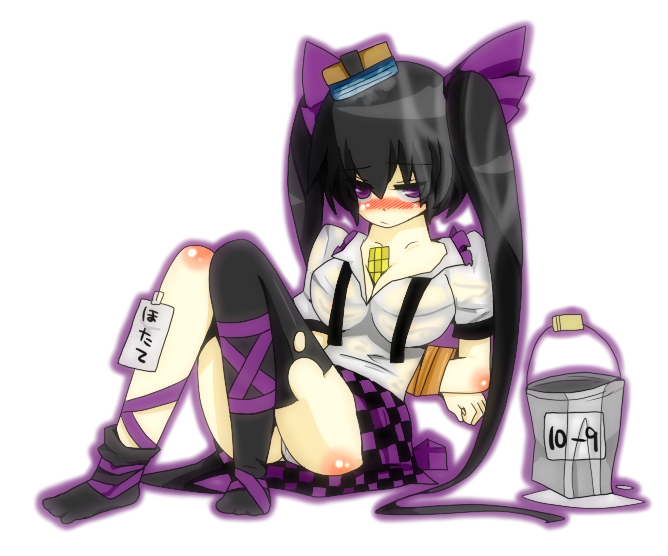 1girl, bad_id, bad_pixiv_id, black_hair, black_thighhighs, blush, bound, breasts
