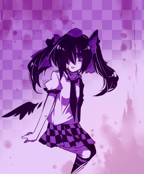 1girl, black_hair, black_thighhighs, covering_one_eye, detached_wings, female_focus, hair_over_one_eye, hat