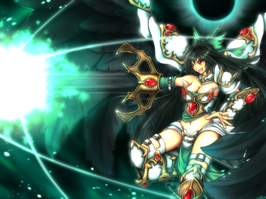 1girl, akroma, akroma_(cosplay), alternate_costume, alternate_weapon, arm_cannon, armor, black_hair