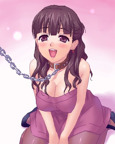 1girl, blush, breasts, brown_eyes, brown_hair, chain, chain_leash, cleavage, collar, dress, earrings, female_focus, happy, high_heels, jewelry, leash, long_hair, lowres, mitsudomoe_(manga), oekaki, open_mouth, pantyhose, shoes, sitting, slave, solo, sugisaki_marina, thighhighs, v_arms, viewer_holding_leash, wariza, zen