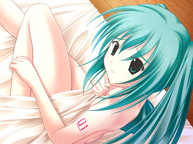 1girl, amino, amino_kohaku, bed, bed_sheet, covering_privates, female_focus, hatsune_miku, naked_sheet, nude, nude_cover, solo, vocaloid