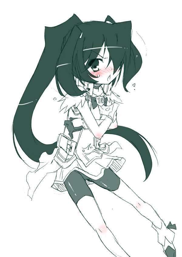 10s, 1girl, bike_shorts, blush, bodysuit, crossover, cure_march, female_focus, gloves, hair_over_one_eye, katagiri_katsumoto, kyoukaisenjou_no_horizon, midorikawa_nao, monochrome, ponytail, precure, shirogane_(cufsser), smile_precure!, solo, tri_tails, twintails