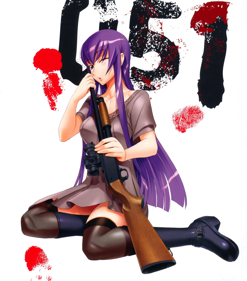 1girl, ;o, absurdres, bad_id, bad_yandere_id, blood, blood_splatter, blue_eyes, boots, breasts, busujima_saeko, female_focus, fingerprint, gun, highres, highschool_of_the_dead, ithaca_m37, long_hair, official_art, one_eye_closed, pump_action, purple_hair, satou_shouji, shotgun, solo, thighhighs, weapon, wink
