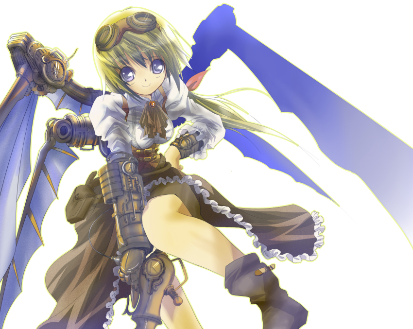 10s, belt, blonde_hair, boots, charlotte_dunois, chicken99, goggles, gun, highres, infinite_stratos, purple_eyes, steampunk, weapon, wings