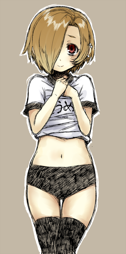 10s, 1girl, bags_under_eyes, black_thighhighs, blonde_hair, blush, brown_eyes, buruma, earrings, female_focus, gym_uniform, hair_over_one_eye, hands_on_own_chest, idolmaster, idolmaster_cinderella_girls, jewelry, looking_at_viewer, ofuro_mantarou, shirasaka_koume, short_hair, smile, solo, thighhighs