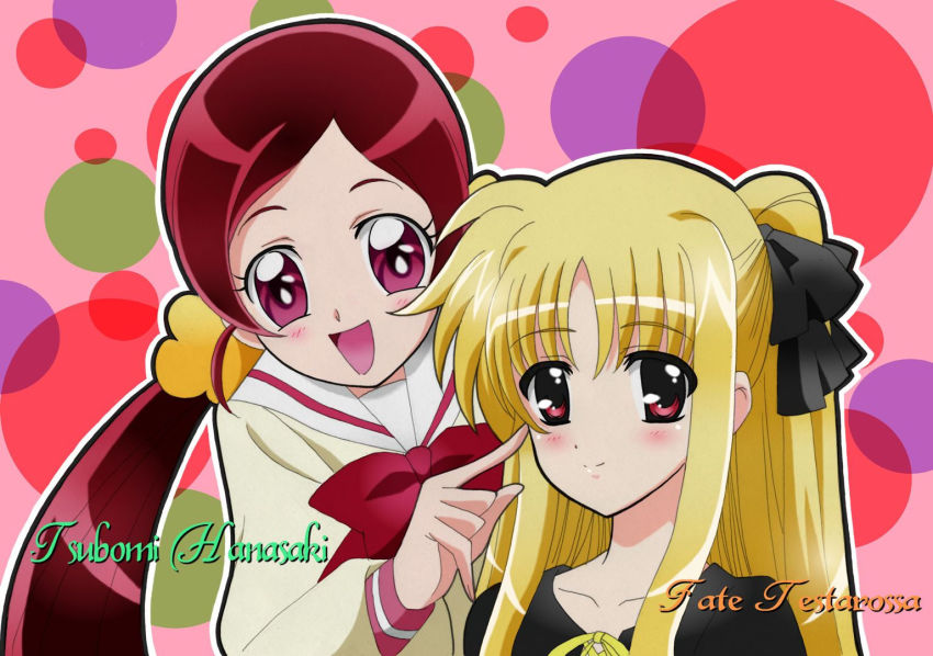 00s, 10s, 2girls, atomic-punch, blonde_hair, blush, crossover, fate_testarossa, hair_ornament, hanasaki_tsubomi, heartcatch_precure!, long_hair, lyrical_nanoha, mahou_shoujo_lyrical_nanoha, mikuzi_nani, mizuki_nana, multiple_girls, open_mouth, ponytail, precure, red_eyes, red_hair, ribbon, school_uniform, smile, twintails, voice_actor_connection