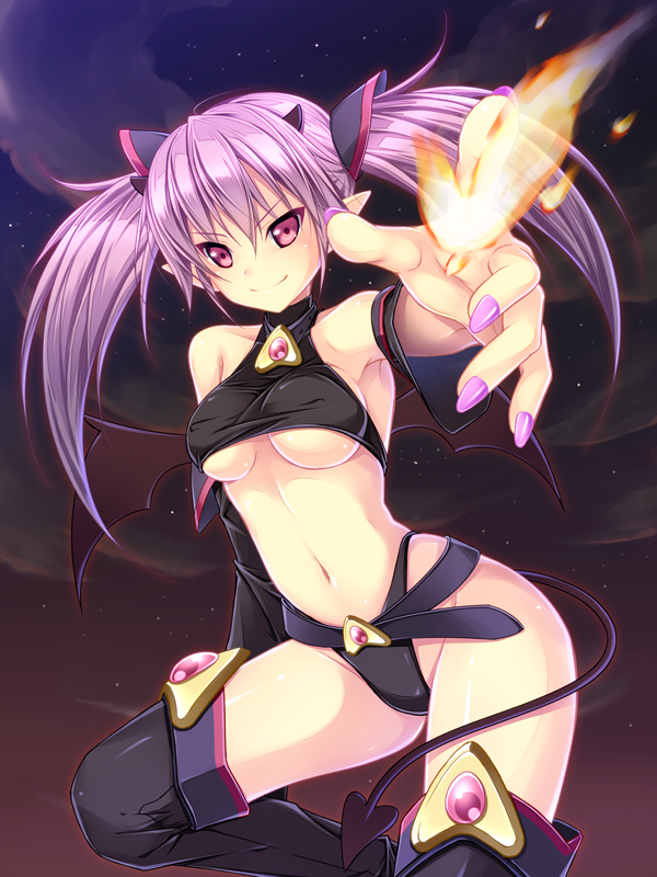 1girl, aoi_aruma, aruma_(almax), bad_id, bad_pixiv_id, black_thighhighs, breasts, demon_girl, demon_tail, demon_wings, female_focus, nail_polish, navel, original, outstretched_arm, pink_eyes, pink_hair, pointy_ears, smile, solo, tail, thighhighs, twintails, underboob, wings