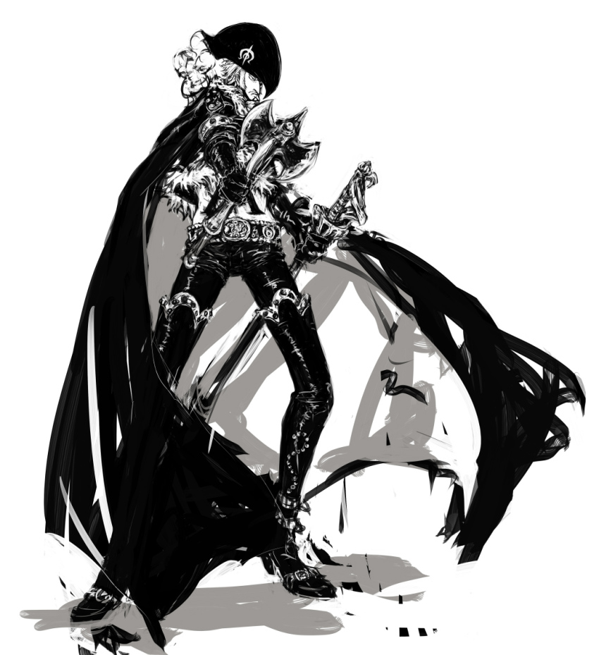 1boy, axe, belt, boots, cape, full_body, fur_trim, gloves, hat, jacket, jannohjous, leather, leather_jacket, leather_pants, male_focus, monochrome, one_piece, open_clothes, open_jacket, pants, sheath, sheathed, solo, standing, sword, tattoo, thigh_boots, thighhighs, weapon, x_(symbol), x_drake