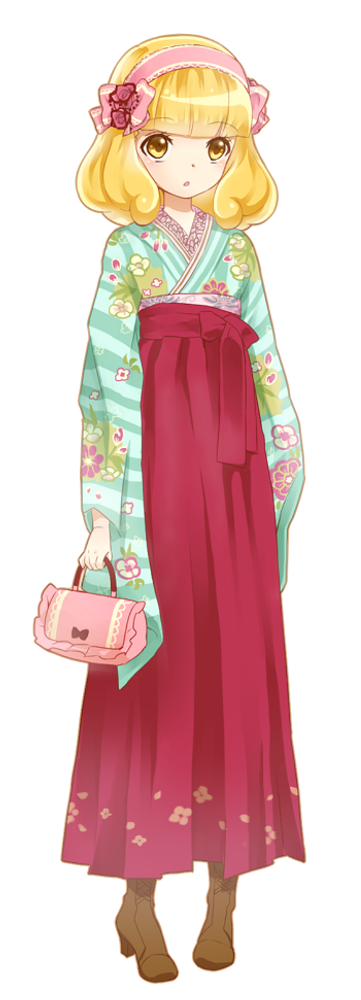 10s, 1girl, bag, blonde_hair, boots, bow, female_focus, full_body, hair_bow, hairband, hakama, hakama_skirt, handbag, haori_(ki-na-ri), japanese_clothes, kimono, kise_yayoi, meiji_schoolgirl_uniform, pink_hairband, precure, red_hakama, short_hair, skirt, smile_precure!, solo, white_background, yellow_eyes