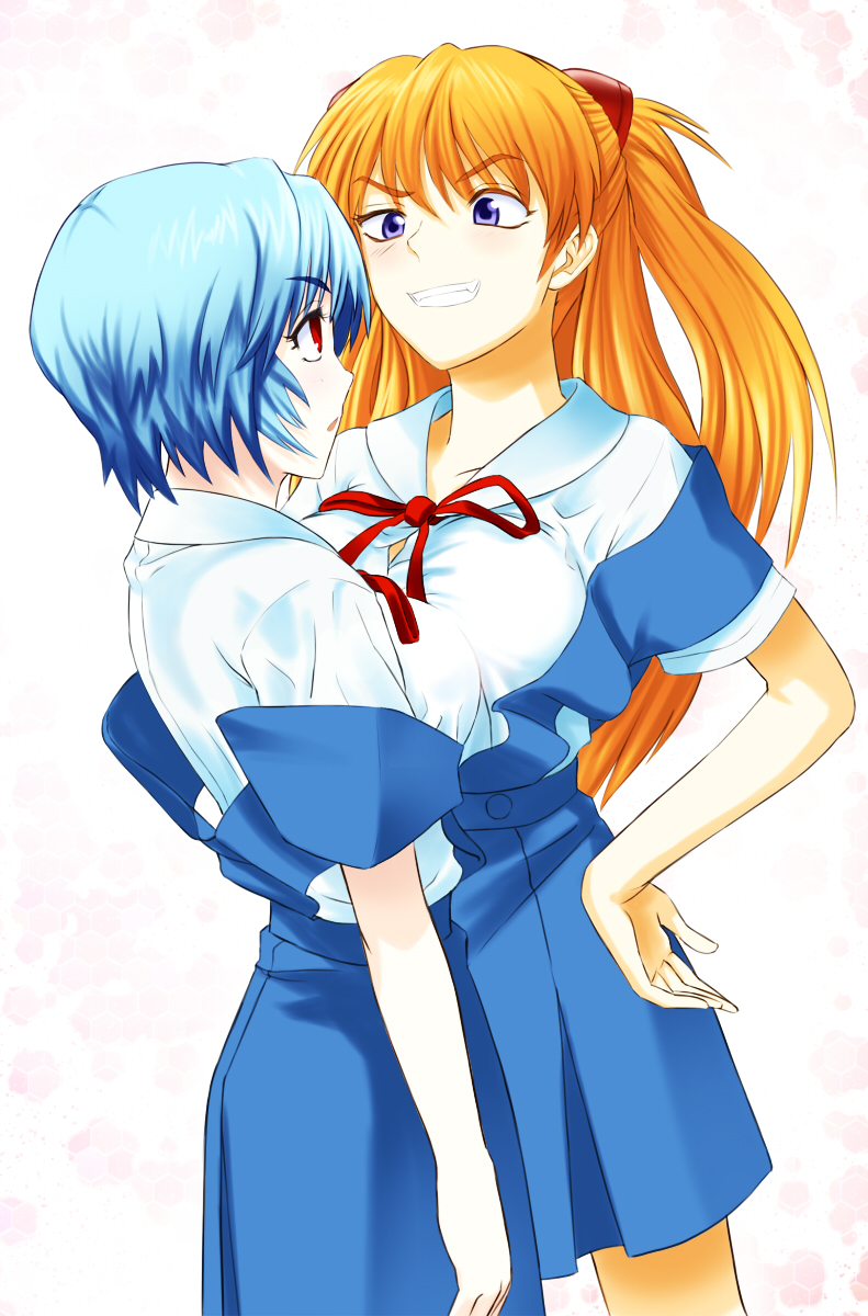2girls, asymmetrical_docking, ayanami_rei, blue_eyes, blue_hair, breast_press, breasts, clenched_teeth