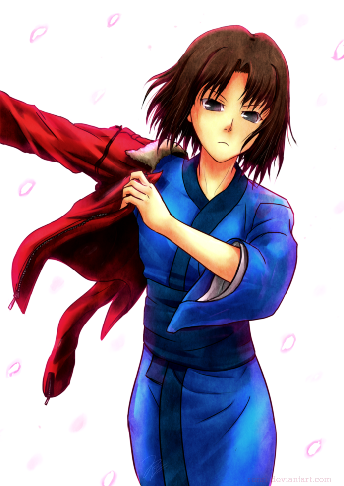 1girl, black_eyes, female_focus, jacket, japanese_clothes, kara_no_kyoukai, kimono, red_jacket, ronri, ryougi_shiki, self-upload, short_hair, solo