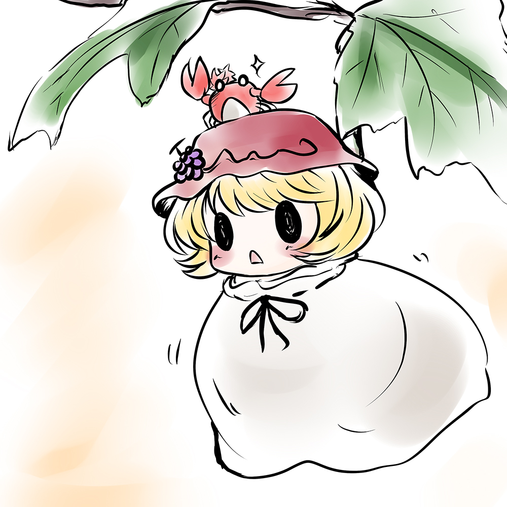 1girl, aki_minoriko, aki_shizuha, aki_shizuha_(crab), blonde_hair, branch, crab, crab_on_head