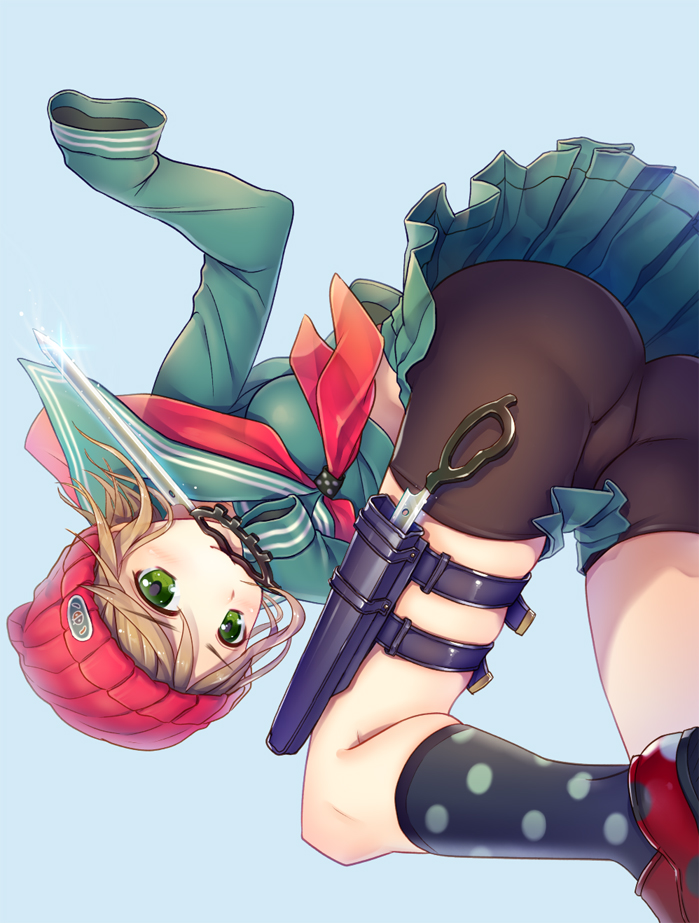 1girl, beanie, bike_shorts, brown_hair, female_focus, from_below, green_eyes, hat, holster, long_sleeves, looking_at_viewer, mouth_hold, otosume_ruiko, polka_dot, school_uniform, scissors, serafuku, short_hair, simple_background, skirt, sleeves_past_wrists, solo, thigh_holster, zaregoto_series, zerozaki_maiori