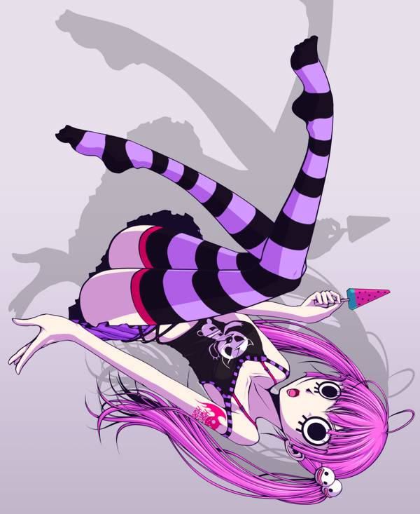 1girl, female_focus, food, fruit, melon, one_piece, perona, pink_hair, pupupu, shadow, skirt, solo, striped_clothes, striped_thighhighs, tank_top, tattoo, thighhighs, twintails, watermelon