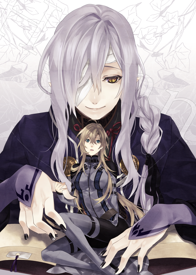 2girls, bad_id, bad_pixiv_id, bandages, black_legwear, blonde_hair, blue_eyes, book, bookmark, boots, braid, brown_hair, kiskil-llira, long_hair, multiple_girls, open_book, original, pantyhose, pointy_ears, silver_hair, single_braid, thigh_boots, thighhighs, yellow_eyes