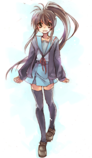 00s, 1girl, 6land, black_thighhighs, brown_shoes, cardigan, female_focus, genderswap