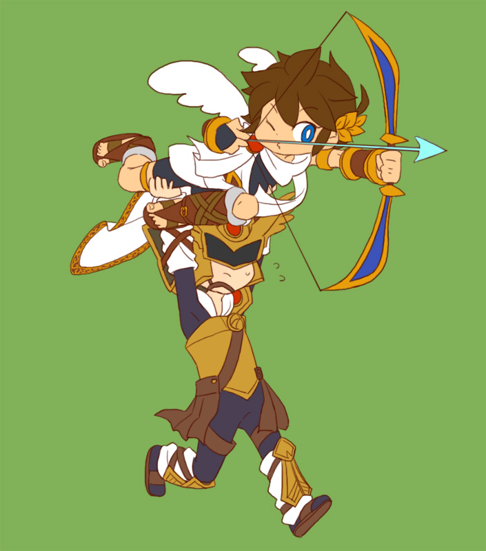 2boys, angel, armor, arrow_(projectile), atz6, blue_eyes, bow, brown_hair, fighter_(kid_icarus), green_background, kid_icarus, kid_icarus_uprising, male_focus, multiple_boys, nintendo, palutena_bow_(kid_icarus), pit_(kid_icarus), pteruges, tunic, weapon, wings