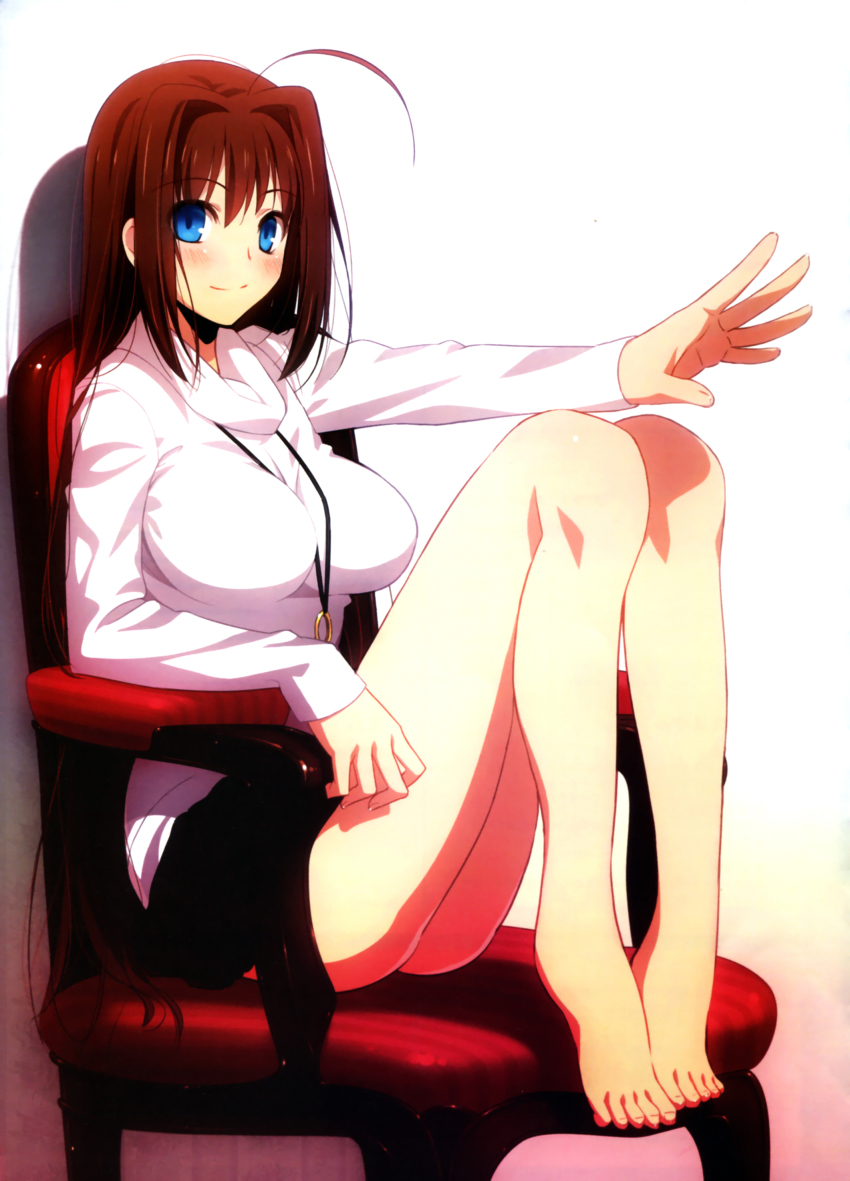 1girl, absurdres, ahoge, aotsuki_takao, aozaki_aoko, barefoot, blue_eyes, blush, breasts, brown_hair, chair, feet, feet_on_chair, female_focus, highres, jewelry, koyama_hirokazu, large_breasts, legs_up, long_hair, looking_at_viewer, mahou_tsukai_no_yoru, official_art, pendant, scan, sitting, skirt, smile, solo, sweater, very_long_hair