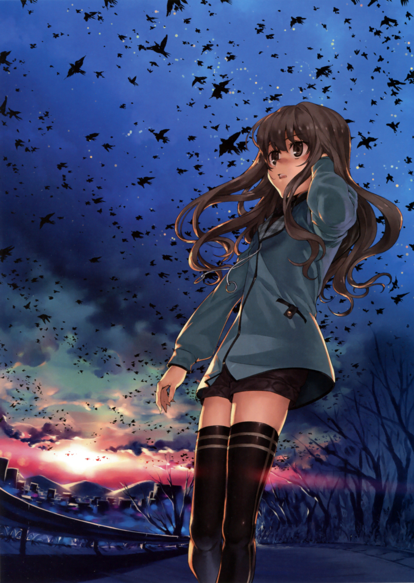 1girl, absurdres, bird, black_thighhighs, brown_eyes, brown_hair, female_focus, highres