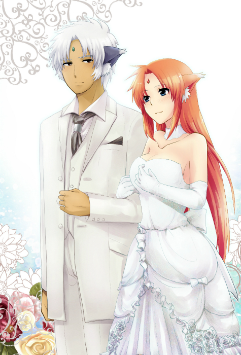 1boy, 1girl, animal_ears, arf, bare_shoulders, blue_eyes, blush, breasts