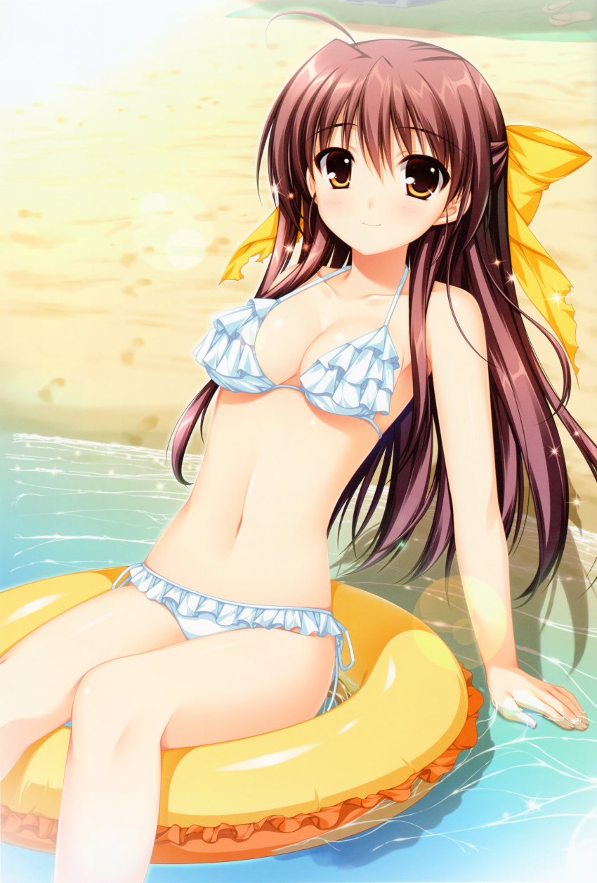1girl, 5pb., absurdres, ahoge, alpha_(yukai_na_nakamatachi), arm_support, barefoot, beach, bikini, blush, bow, breasts, brown_eyes, cleavage, female_focus, frilled_bikini, frills, hair_bow, half_updo, highres, hinata_natsumi, hinata_natsumi_(sharin_no_kuni), innertube, keroro_gunsou, leaning_back, lens_flare, light_smile, long_hair, looking_at_viewer, medium_breasts, navel, outdoors, partially_submerged, red_hair, scan, sharin_no_kuni, sharin_no_kuni_himawari_no_shoujo, shiny_skin, side-tie_bikini_bottom, sitting, smile, solo, swim_ring, swimsuit, water, white_bikini