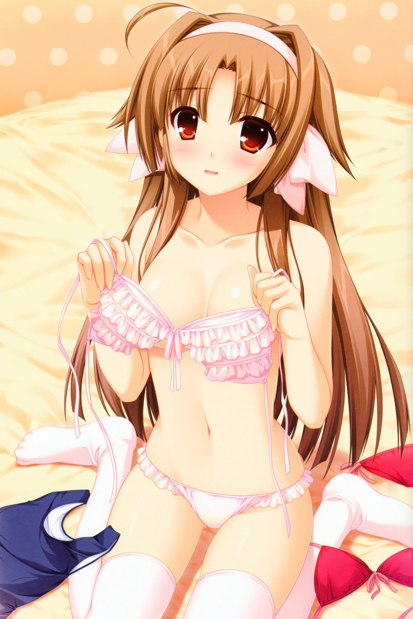 1girl, absurdres, ahoge, alpha_(yukai_na_nakamatachi), bare_shoulders, bikini, blush, breasts, brown_hair, cleavage, collarbone, female_focus, fingernails, frilled_bikini, frills, front-tie_top, hair_intakes, hairband, highres, long_fingernails, long_hair, navel, orange_eyes, pink_bikini, pink_thighhighs, red_bikini, saika_miina, scan, school_swimsuit, sharin_no_kuni, sharin_no_kuni_yuukyuu_no_shounenshoujo, shiny_skin, sitting, skindentation, solo, string_bikini, swimsuit, thighhighs, wariza