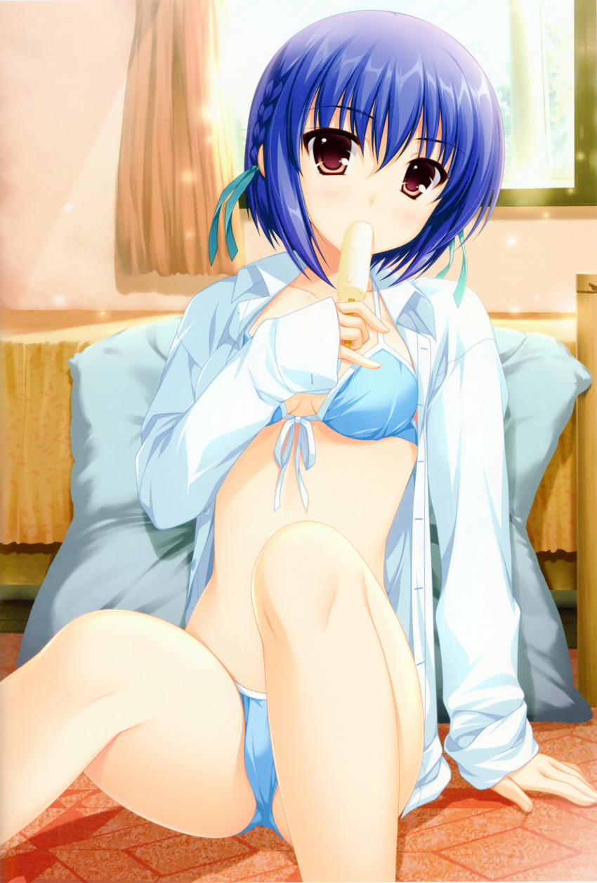 1girl, 5pb., absurdres, alpha_(yukai_na_nakamatachi), bikini, bikini_under_clothes, blue_bikini, blue_hair