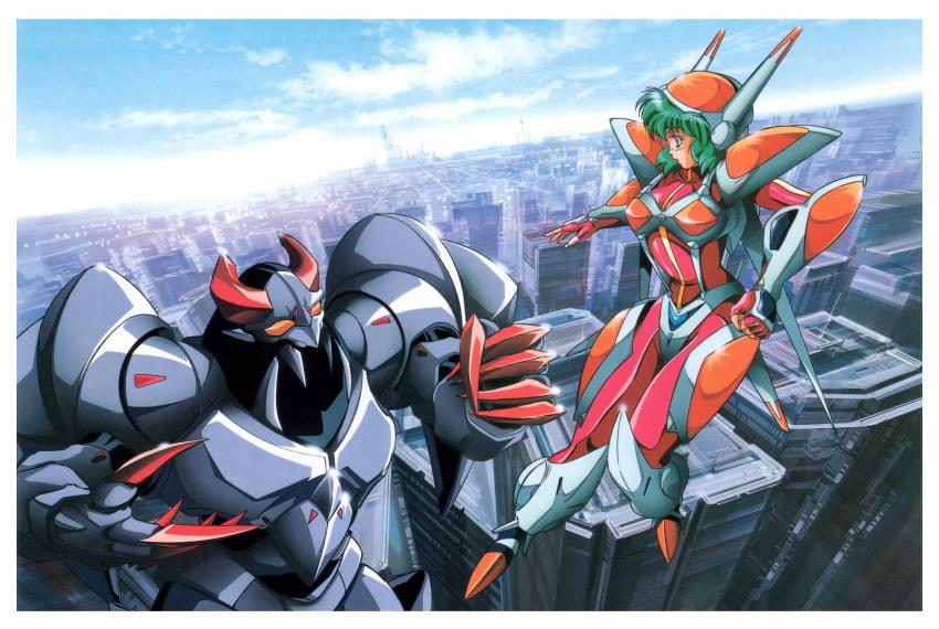 1990s_(style), 1girl, armor, blue_eyes, bodysuit, boots, city, clenched_hand