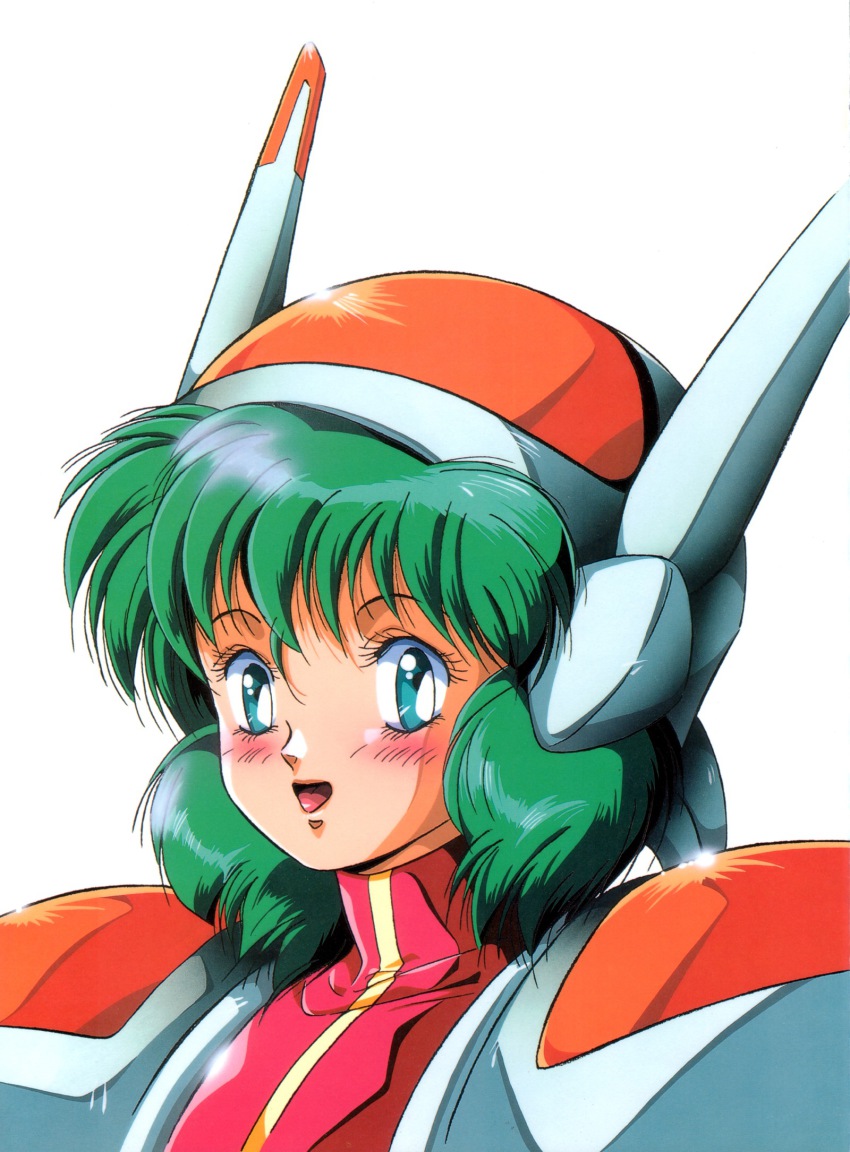 1990s_(style), 1girl, armor, blue_eyes, blush, female_focus, green_hair, headgear
