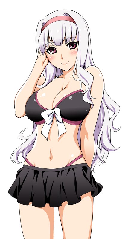 1girl, arm_behind_back, bikini, black_bikini, blush, breasts, cleavage, female_focus