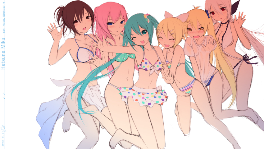 6+girls, :d, ;d, ^_^, akita_neru, aqua_eyes, aqua_hair, barefoot, bikini, birthday, blonde_hair, blush, brown_hair, cait_aron, closed_eyes, fang, front-tie_top, hatsune_miku, hatsune_miku_(polka_dot_bikini), highres, kagamine_rin, kagamine_rin_(striped_bikini), long_hair, megurine_luka, meiko_(long_pareo)_(vocaloid), meiko_(vocaloid), multiple_girls, one_eye_closed, open_mouth, pink_hair, polka_dot, polka_dot_bikini, polka_dot_swimsuit, project_diva_(series), project_diva_2nd, project_diva_f, sarong, scrunchie, shirt_tug, sketch, smile, striped_bikini, striped_clothes, summer_idol_(vocaloid), swimsuit, twintails, very_long_hair, vocaloid, wavy_mouth, white_hair, wink, yowane_haku, yowane_haku_(swimwear)
