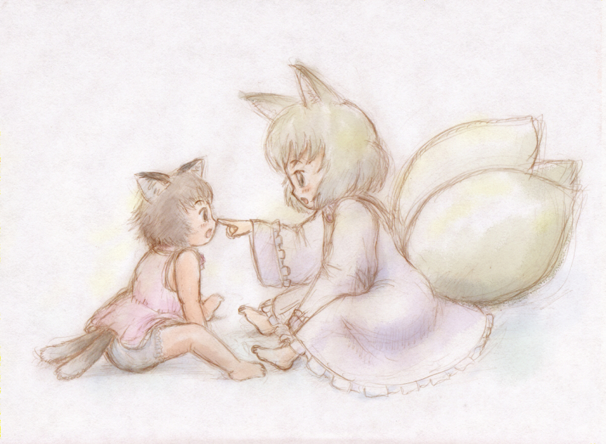 2girls, bad_id, bad_pixiv_id, barefoot, bloomers, chen, female_focus, multiple_girls