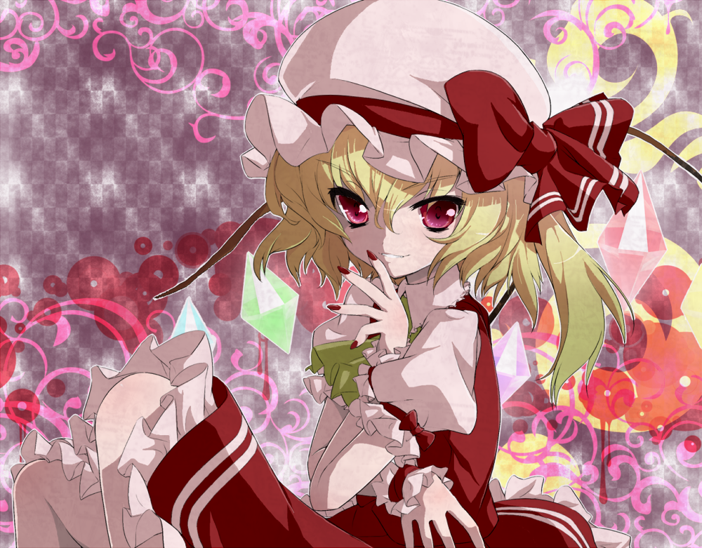 1girl, blonde_hair, bow, colorized, crystal, female_focus, flandre_scarlet, from_side, gotou_nao, hair_between_eyes, hat, hat_bow, mob_cap, puffy_sleeves, red_eyes, rururu_(athletic-meet), short_sleeves, side_ponytail, smile, solo, touhou, wings, wrist_cuffs
