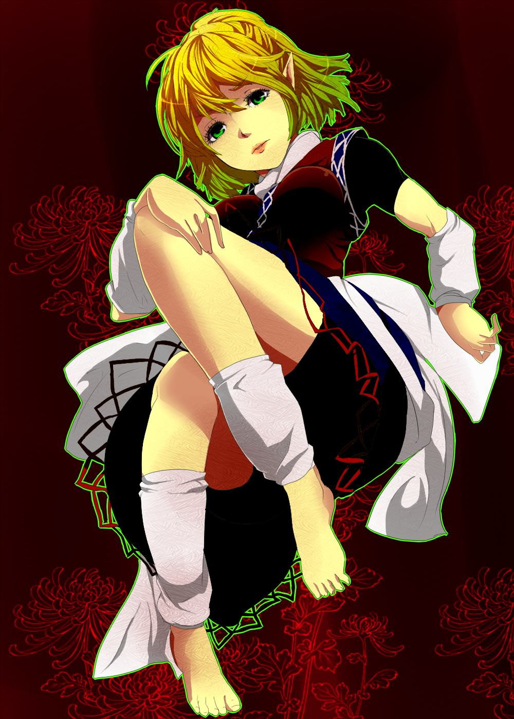 1girl, blonde_hair, detached_sleeves, female_focus, green_eyes, highres, mizuhashi_parsee, pointy_ears, ponytail, rururu_(athletic-meet), short_hair, solo, touhou