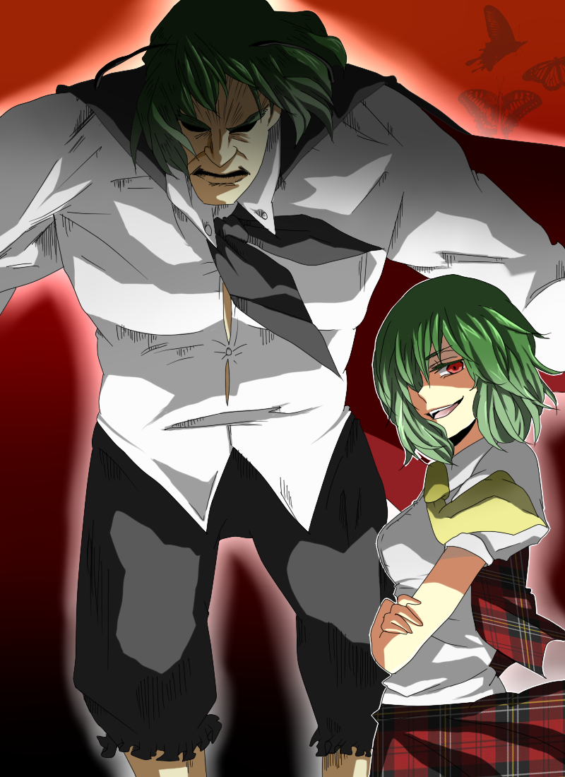 1girl, antennae, cape, crossed_arms, female_focus, green_hair, kazami_yuuka, necktie