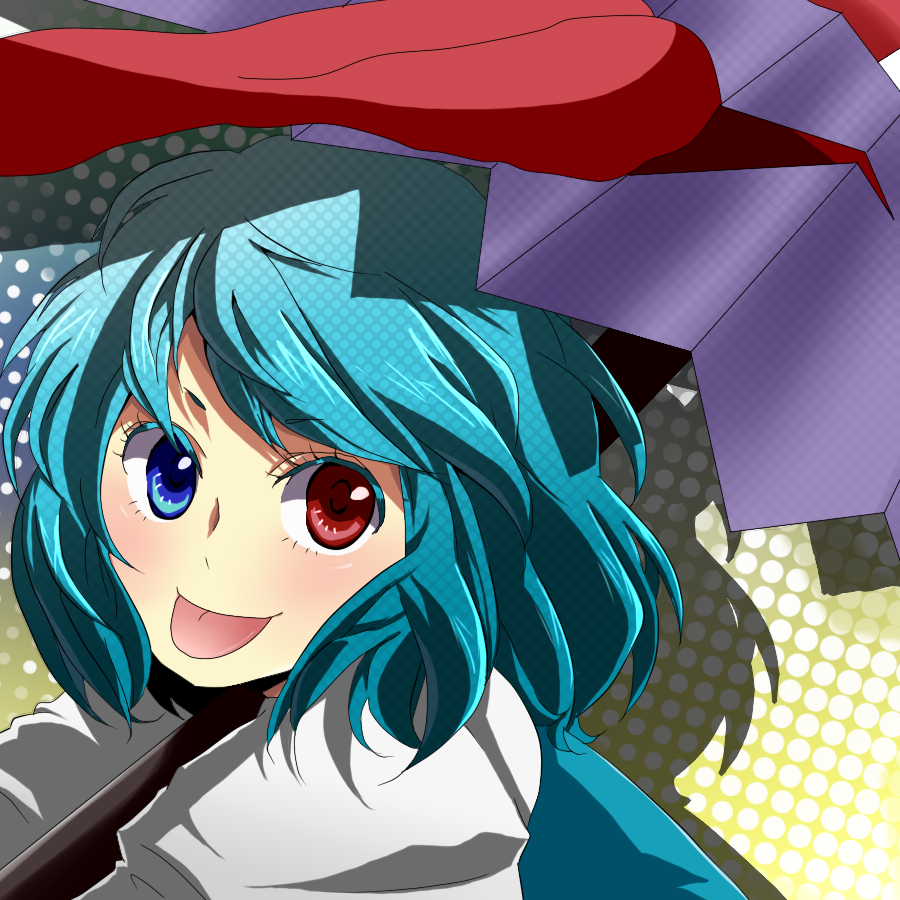 1girl, blue_eyes, blue_hair, blush, female_focus, karakasa_obake, matching_hair/eyes, red_eyes