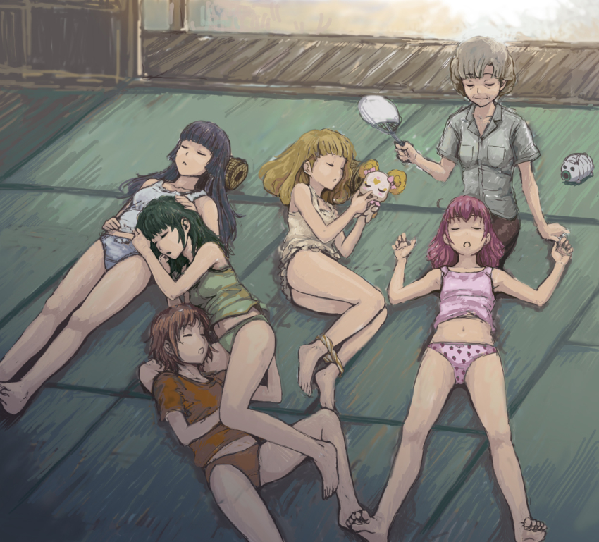 10s, 6+girls, age_difference, aoki_reika, bare_legs, bare_shoulders, barefoot, blonde_hair, blue_hair, blue_panties, blunt_bangs, bow, bow_panties, camisole, candy_(precure), closed_eyes, dark, elenab, family, feet, female_focus, floor, food_print, fruit_print, green_hair, green_panties, grey_hair, hand_fan, hand_on_another's_head, hime_cut, hino_akane_(precure), holding, hoshizora_miyuki, hoshizora_tae, incense_burner, indoors, kayari_buta, kise_yayoi, lap_pillow, legs, long_hair, lying, mature_female, midorikawa_nao, midriff, multiple_girls, navel, no_pants, on_back, on_floor, on_side, open_mouth, orange_hair, orange_panties, panties, panties_around_ankles, panty_pull, paper_fan, piggy_bank, pink_bow, pink_hair, pink_panties, polka_dot, polka_dot_panties, ponytail, precure, print_panties, short_hair, sitting, sleeping, sleeping_on_person, smile_precure!, soles, strawberry_panties, strawberry_print, tatami, toes, uchiwa, underwear, white_panties, yellow_panties