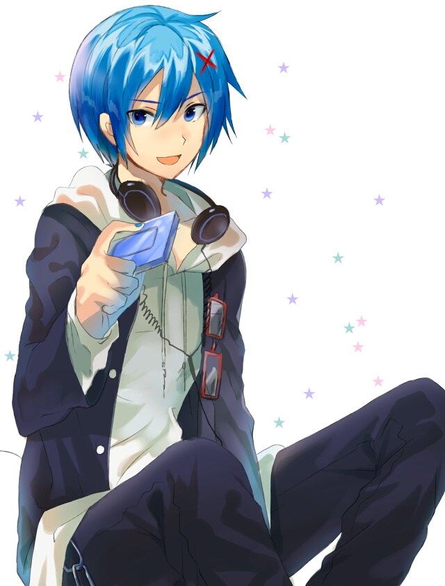 1boy, bad_id, bad_pixiv_id, blue_eyes, blue_hair, cable, mp3_player, glasses, hair_ornament, hairclip, hayama_eishi, headphones, headphones_around_neck, kaito_(school_uniform_parka)_(vocaloid), kaito_(vocaloid), looking_at_viewer, male_focus, matching_hair/eyes, md5_mismatch, project_diva_(series), project_diva_f, short_hair, sitting, smile, solo, star_(symbol), star_symbol_background, vocaloid