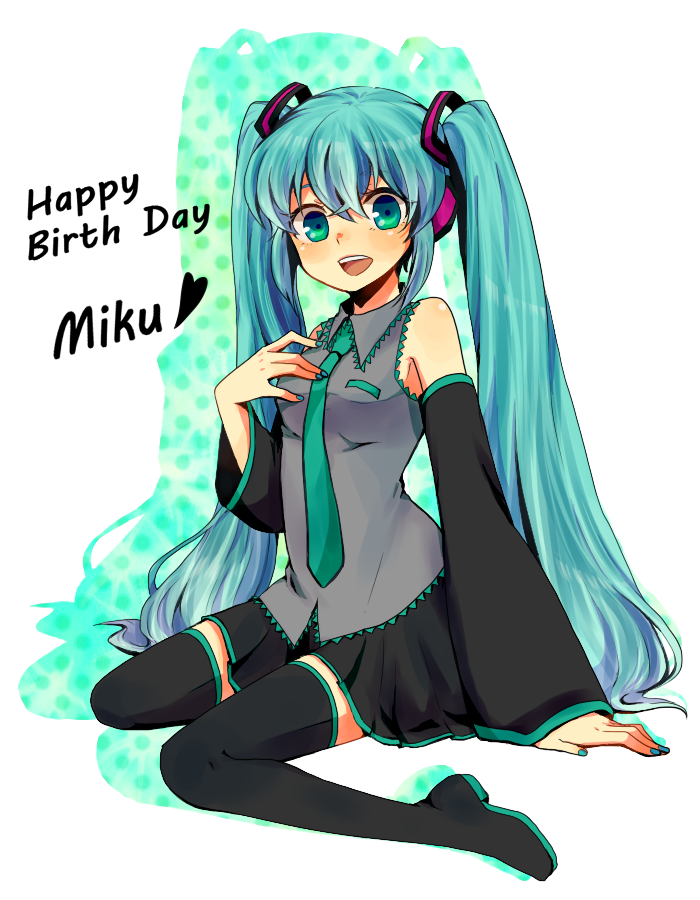 1girl, aqua_hair, boots, character_name, detached_sleeves, female_focus, green_eyes, hami_(etn1129), hand_on_own_chest, happy_birthday, hatsune_miku, long_hair, necktie, sitting, skirt, solo, thigh_boots, thighhighs, twintails, very_long_hair, vocaloid, wariza